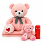 🩷🧸 ست پتو بالشتی خرس صورتی، عروسک و تراول ماگ Pink Teddy Pillow Blanket, Plush & Travel Mug Set