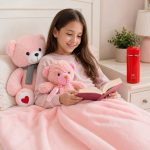 🩷🧸 ست پتو بالشتی خرس صورتی، عروسک و تراول ماگ Pink Teddy Pillow Blanket, Plush & Travel Mug Set - Image 2