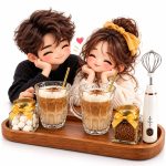 ست هدیه لاته دو نفره با فومر برقی، دو لیوان شیشه‌ای و سینی چوبی | دینال26