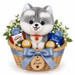 ست هدیه عروسک هاسکی ۱۲ سانتی با سبد حصیری، شکلات و گل مصنوعی