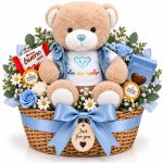 ست هدیه خرس عروسکی جلیقه جین با سبد حصیری، شکلات و گل مصنوعی