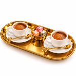 ست سرو قهوه ترک دو نفره با فنجان ۶۰ میل، سینی استیل طلایی و کاسه لوکوم - تصویر 3