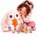 ست هدیه خرگوش هویج‌به‌دست ۲۵ سانتی با آویز پنگوئن و شیشه پاستیل | دینال43